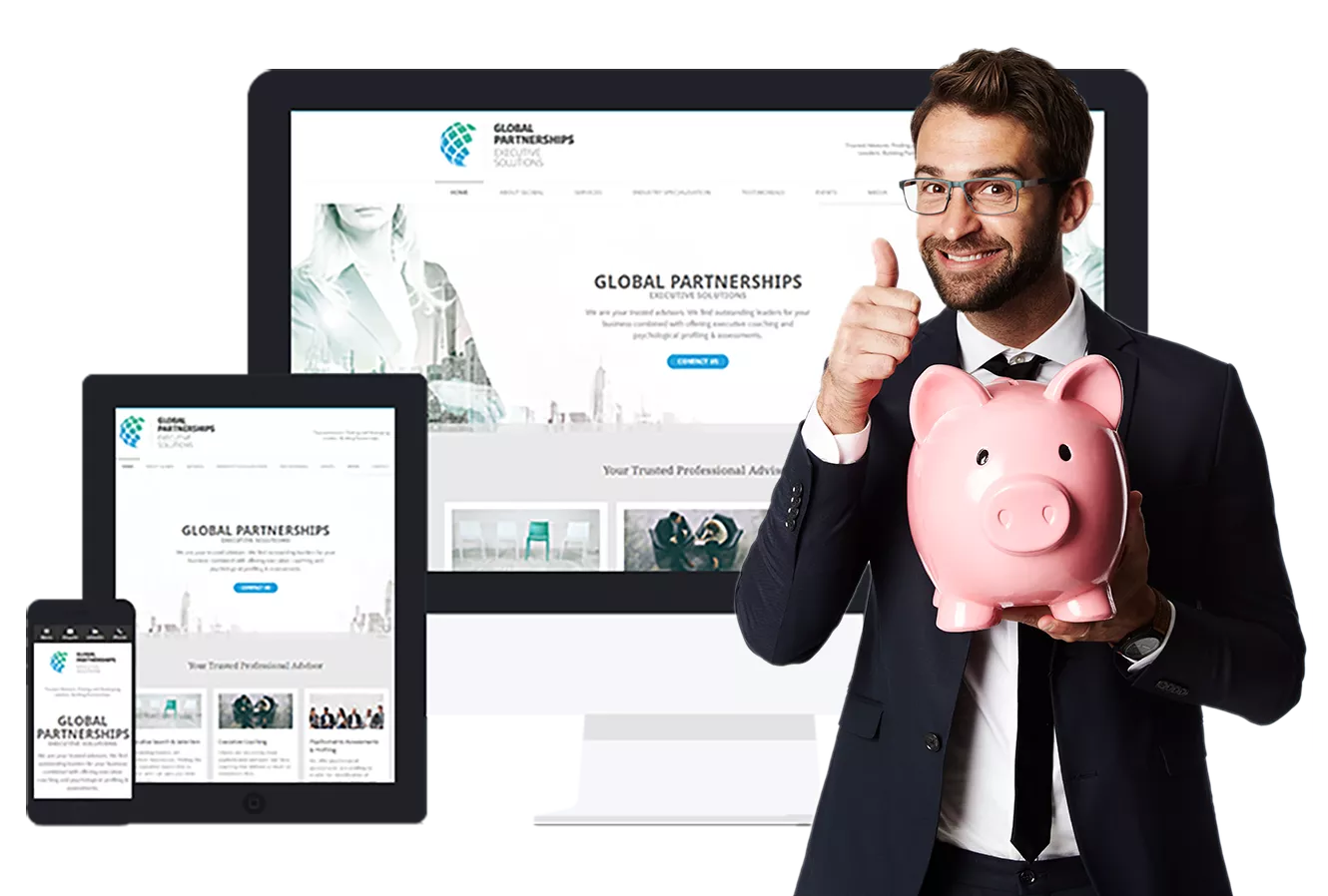Referral image of computer screens with man holding a piggy bank